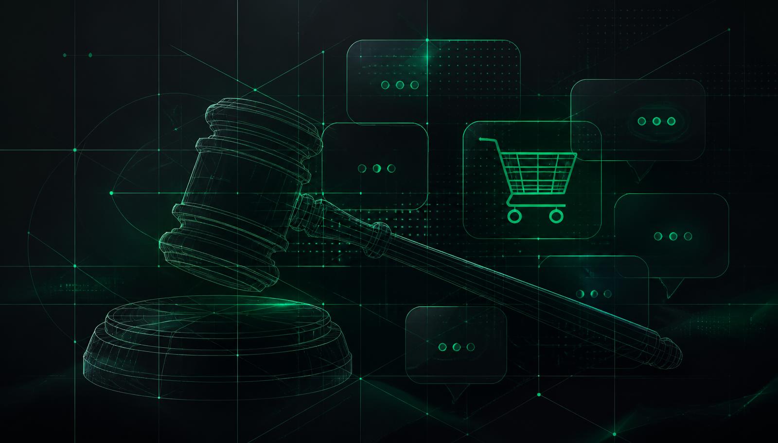 Gavel intersecting glowing SMS message bubbles and a shopping cart icon, representing TCPA lawsuits against eCommerce stores